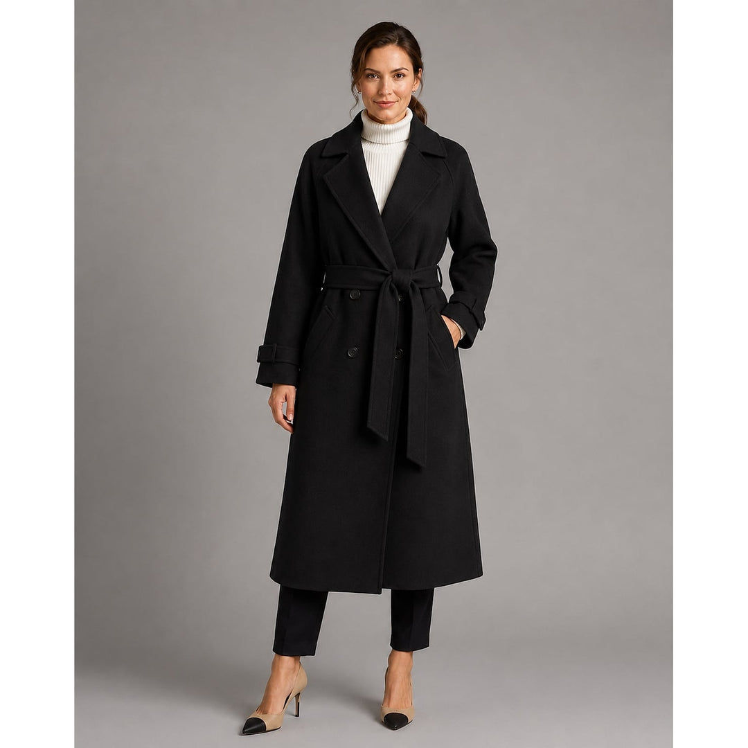 Women's Belted Double Breasted Coat in Black, front view
