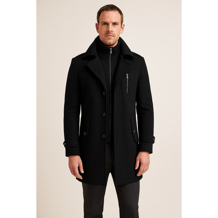 Men's Wool Blend Mid Length Overcoat in Black, front view