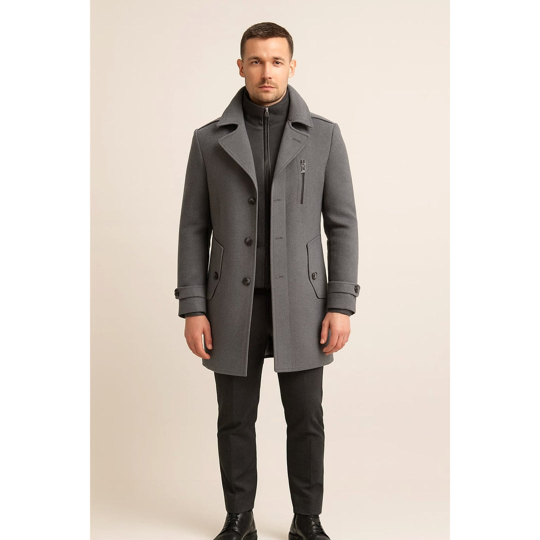 Men's Wool Blend Mid Length Overcoat in Gray, front view