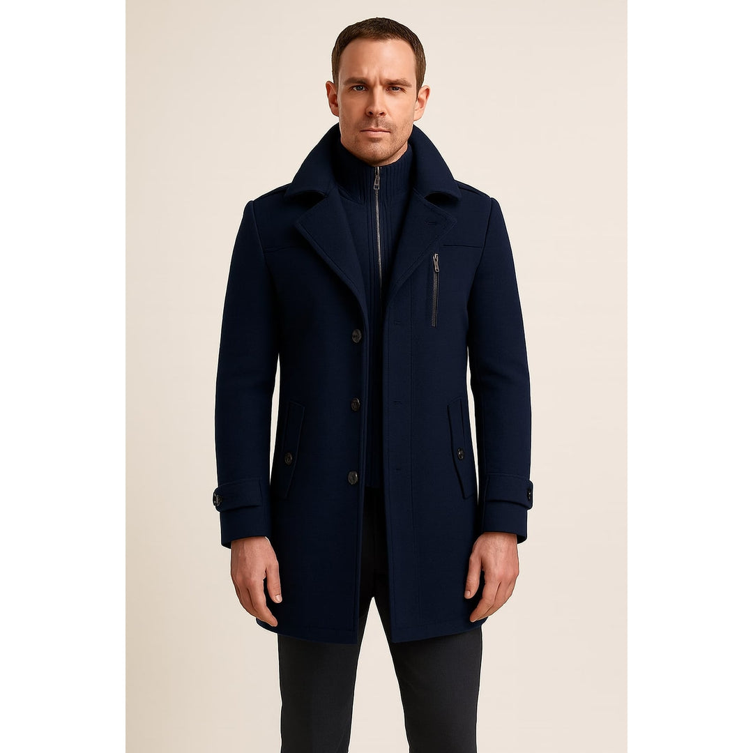 Men's Wool Blend Mid Length Overcoat in Navy, front view