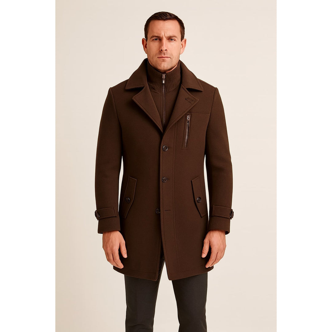 Men's Wool Blend Mid Length Overcoat in Brown, front view