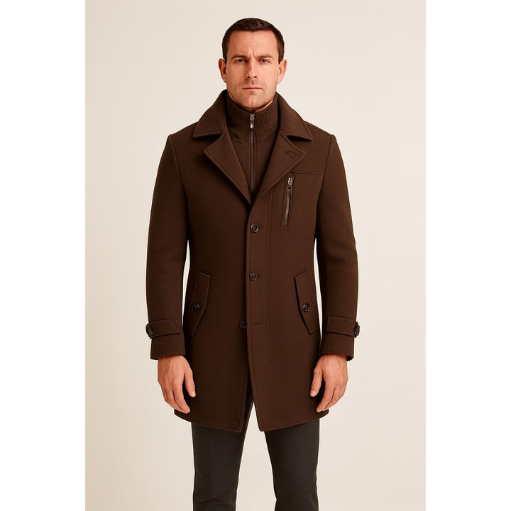 Men's Wool Blend Mid Length Overcoat in Brown, front view