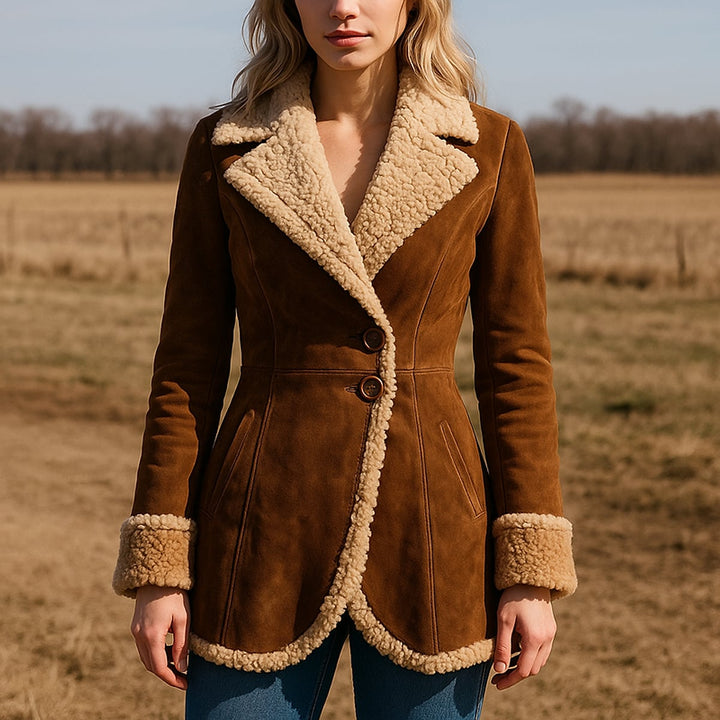 Women's Faux Fur Trim Coat in Brown, front view
