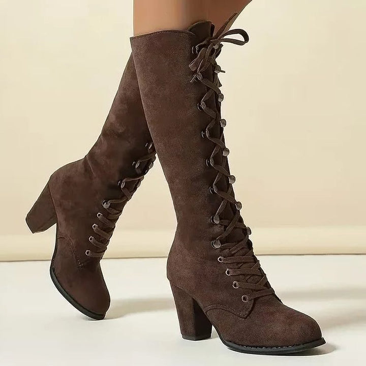 Women's Lace Up Knee High Boots in Brown, front view