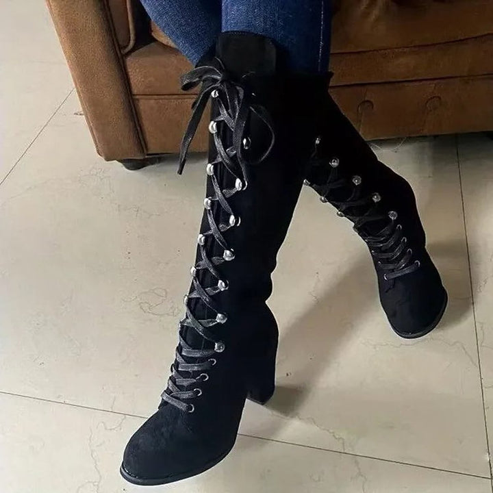Women's Lace Up Knee High Boots in Black, front view