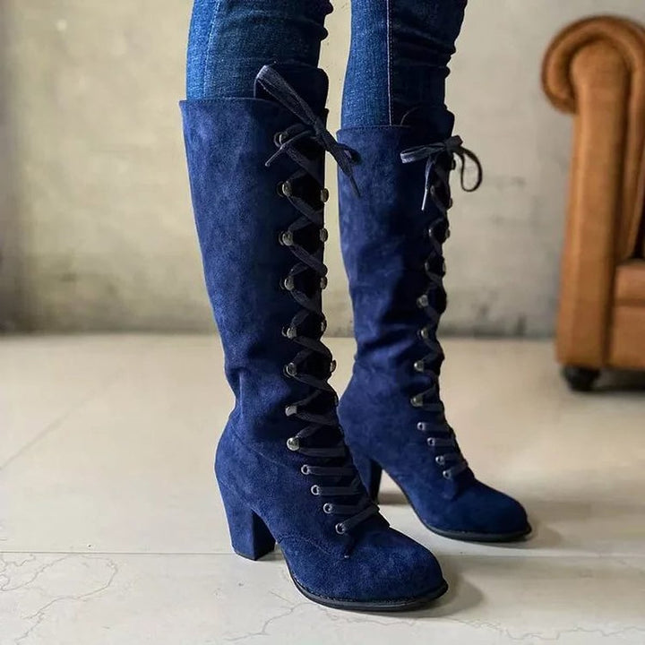 Women's Lace Up Knee High Boots in Blue, front view