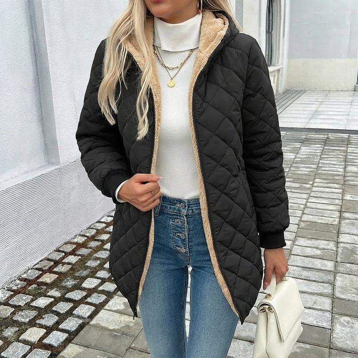 Women's Black Hooded Puffer Coat, front view