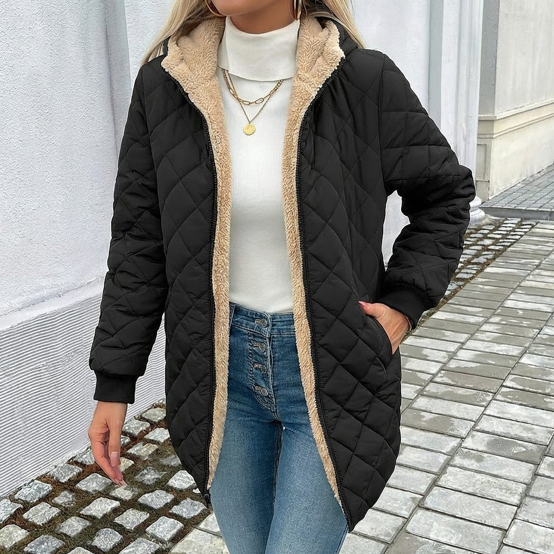 Women's Black Hooded Puffer Coat, front view 2
