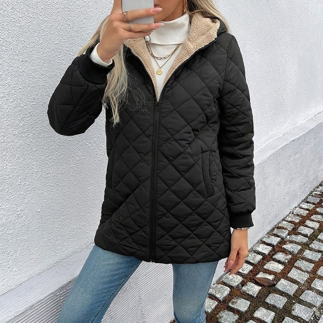 Women's Black Hooded Puffer Coat, front view 3