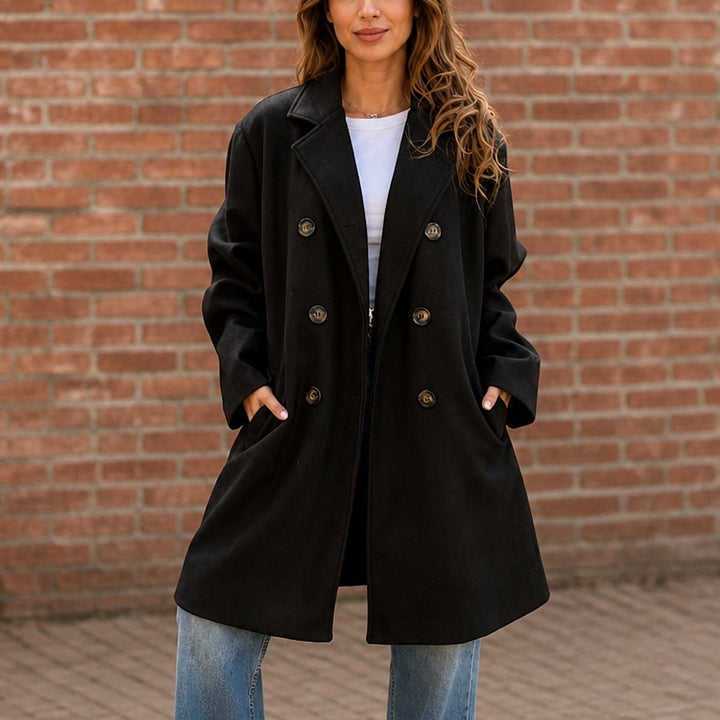 Women's Double Breasted Winter Coat in Black, front view