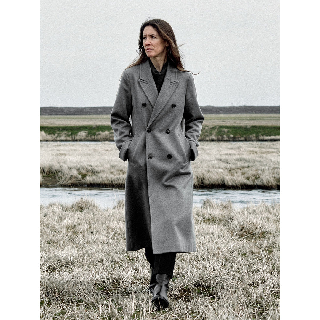 Women's Double Breasted Wool Coat in Gray, front view