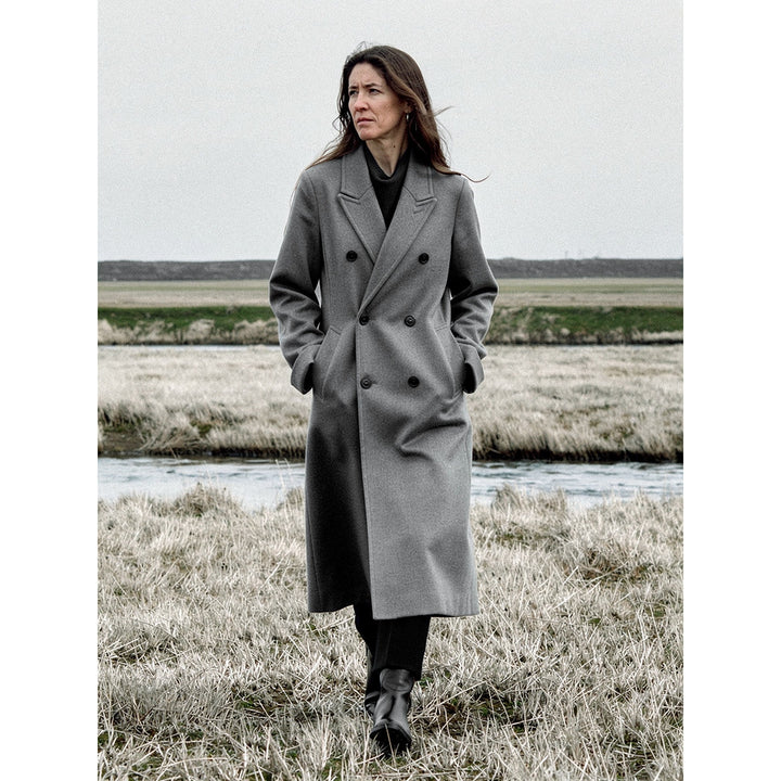 Women's Double Breasted Wool Coat in Gray, front view
