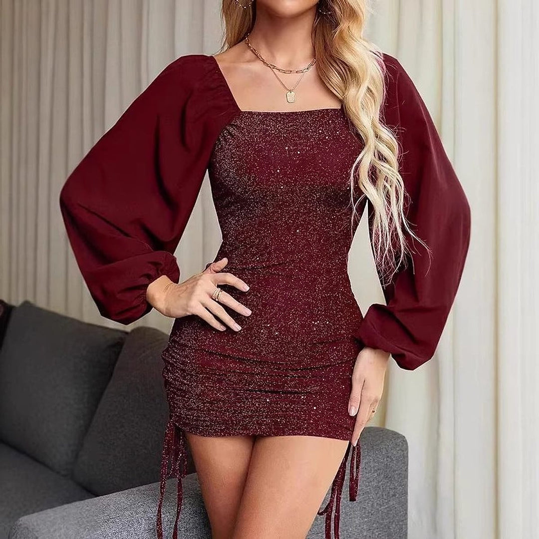 Women's Sequin Balloon Sleeve Dress, front view