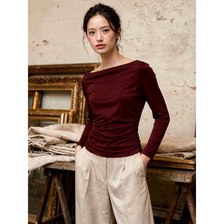 Women's Boat Neck Top in Burgundy, front view