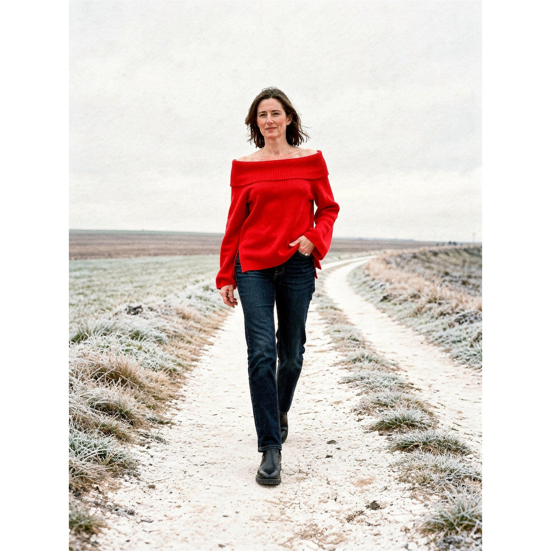 Women's Off Shoulder Knit Top in Red, front view
