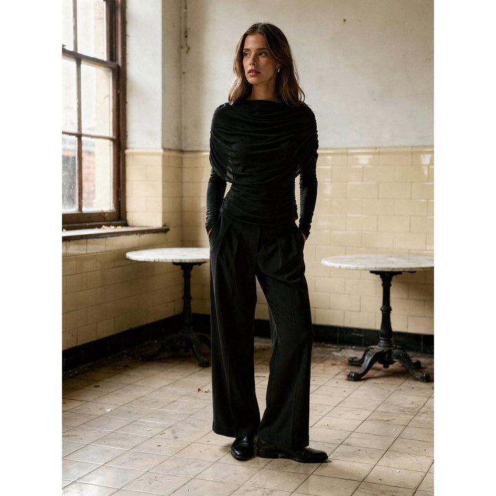 Women's Draped Mesh Top in Black, front view