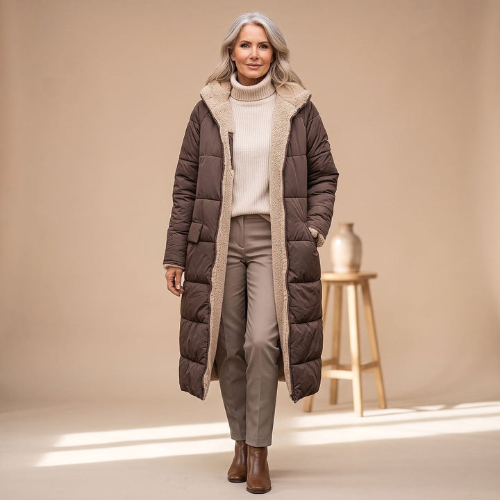 Women's Long Sherpa Lined Puffer Coat in Brown, front view