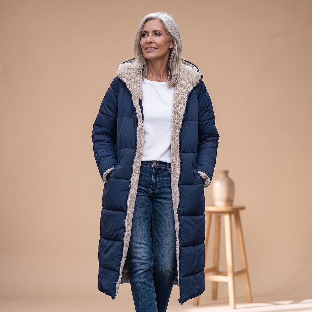 Women's Long Sherpa Lined Puffer Coat in Navy, front view