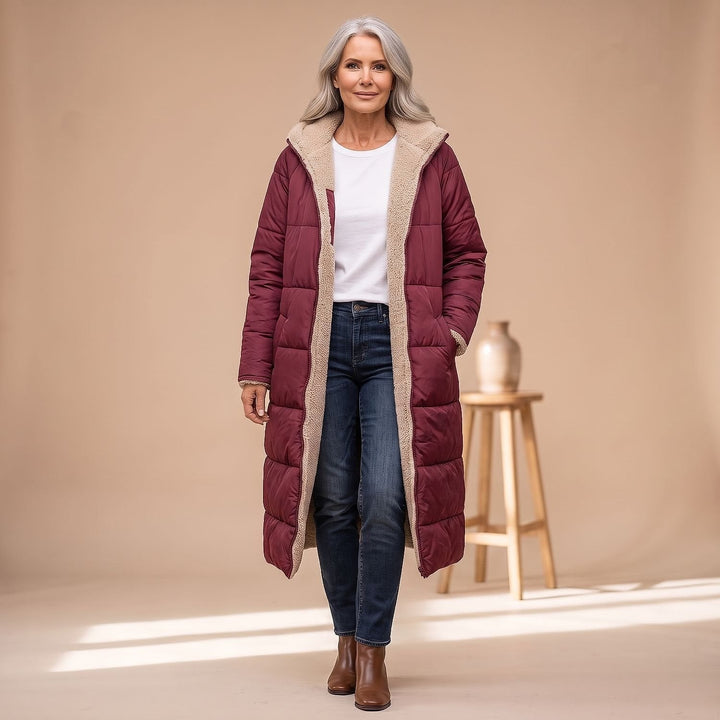 Women's Long Sherpa Lined Puffer Coat in Red, front view