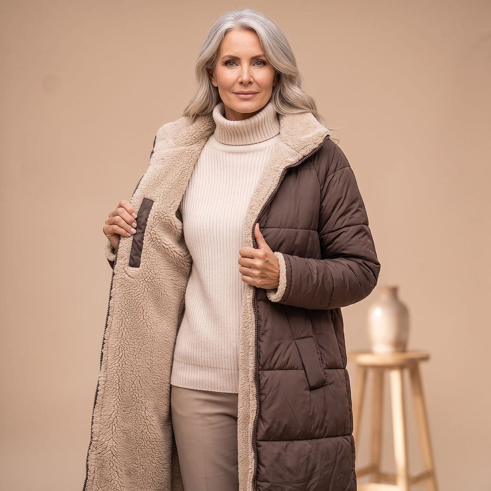 Women's Long Sherpa Lined Puffer Coat, front view