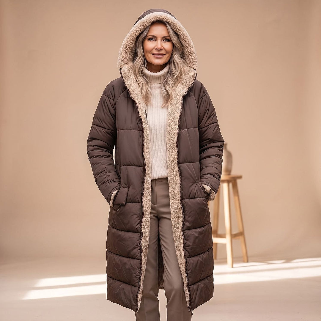 Women's Long Sherpa Lined Puffer Coat, front view 2