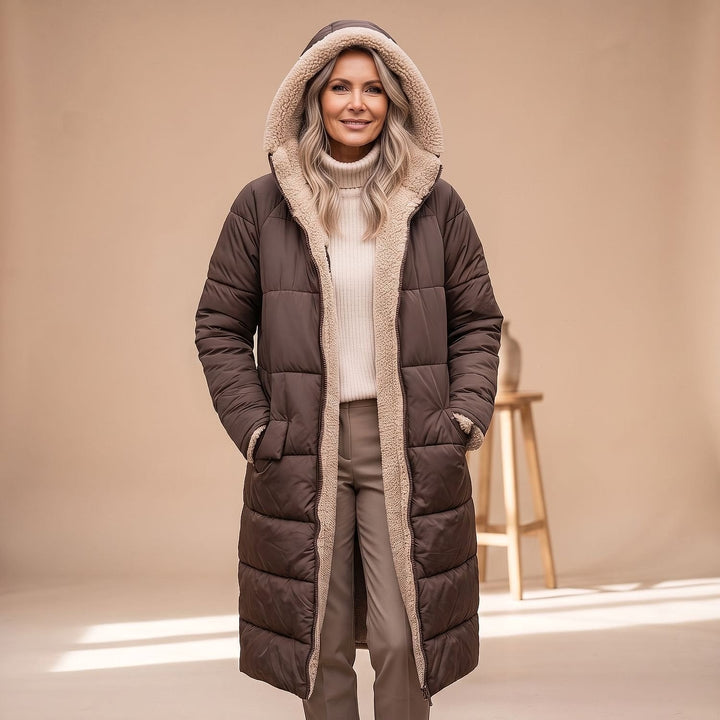Women's Long Sherpa Lined Puffer Coat, front view 2