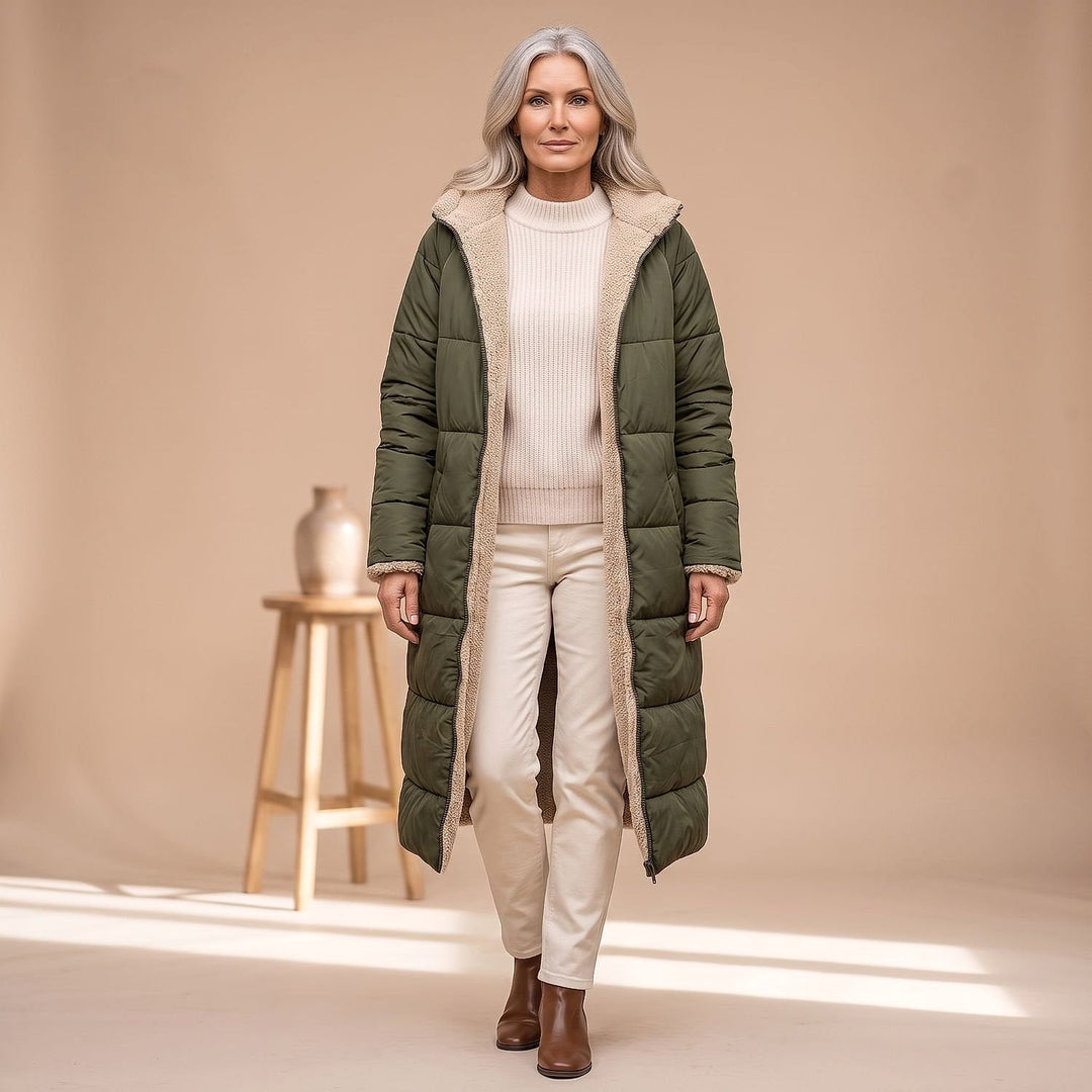 Women's Long Sherpa Lined Puffer Coat in Green, front view