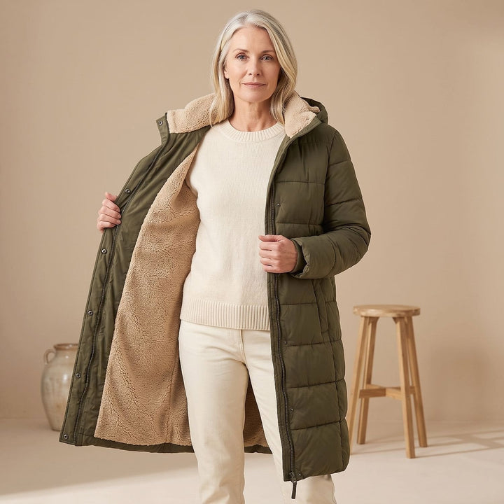 Women's Long Sherpa Lined Puffer Coat, detail view
