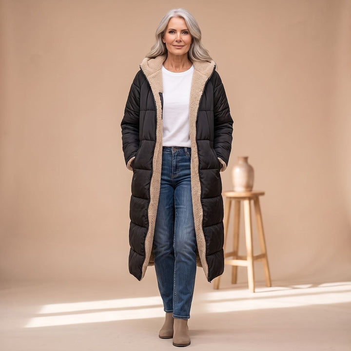 Women's Long Sherpa Lined Puffer Coat in Black, front view