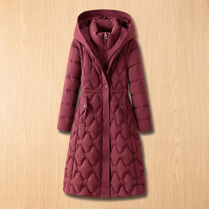Women's Quilted Hooded Winter Coat in Red, front view