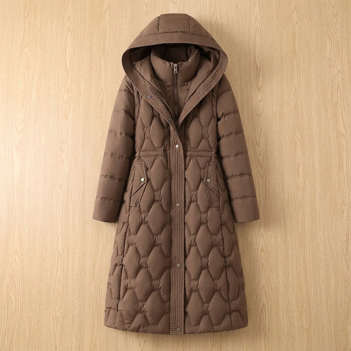 Women's Quilted Hooded Winter Coat in Brown, front view