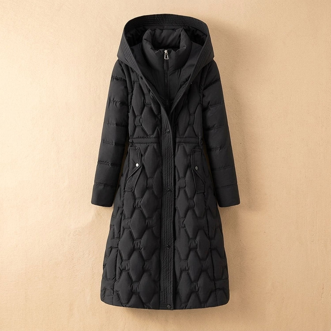 Women's Quilted Hooded Winter Coat in Black, front view