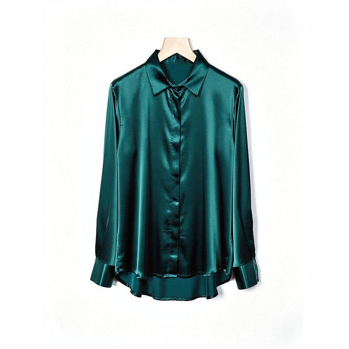 Women's Satin Shirt in Turquoise, front view