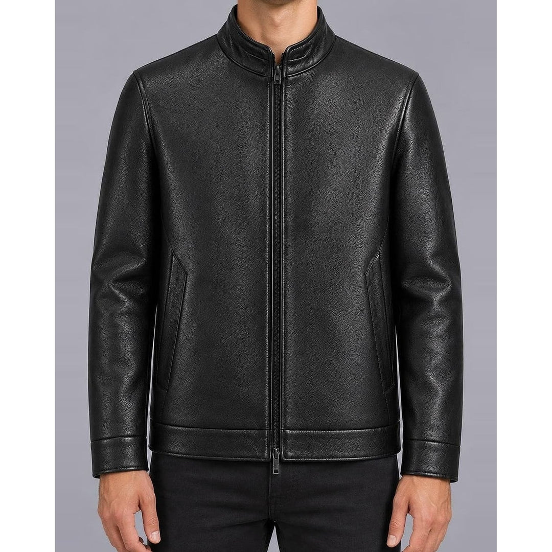 Men's Faux Leather Racer Jacket in Black, front view
