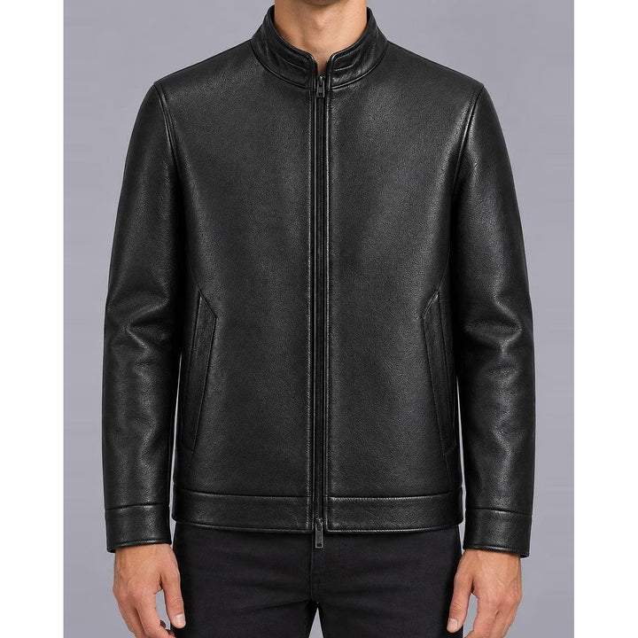 Men's Faux Leather Racer Jacket in Black, front view
