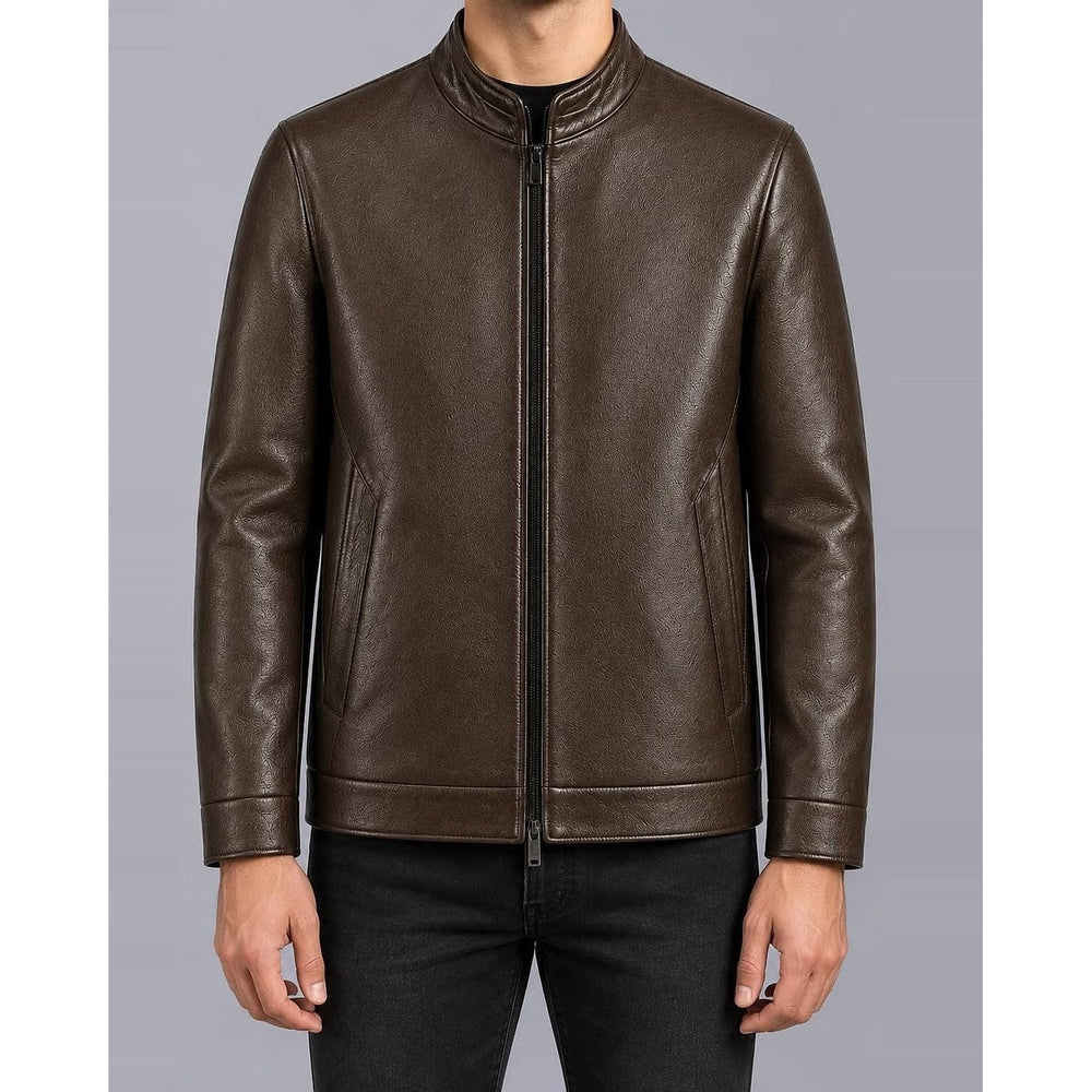 Men's Faux Leather Racer Jacket in Brown, front view