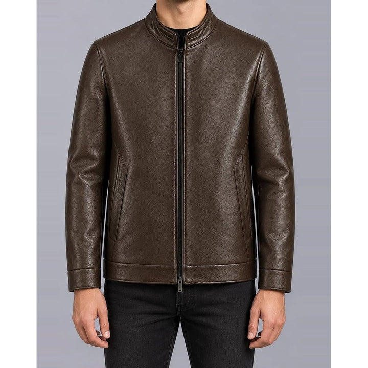 Men's Faux Leather Racer Jacket in Brown, front view
