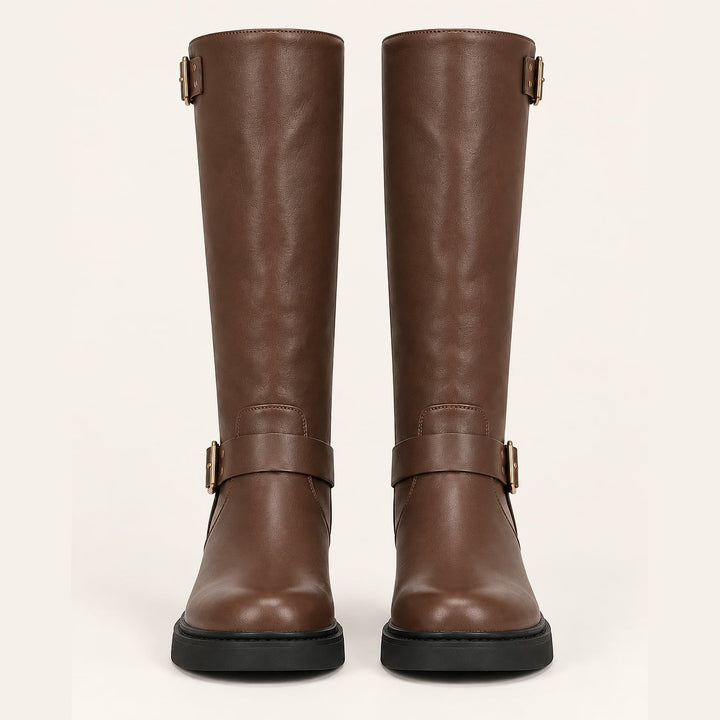 Women's Harness Biker Boots in Dark Brown, front view