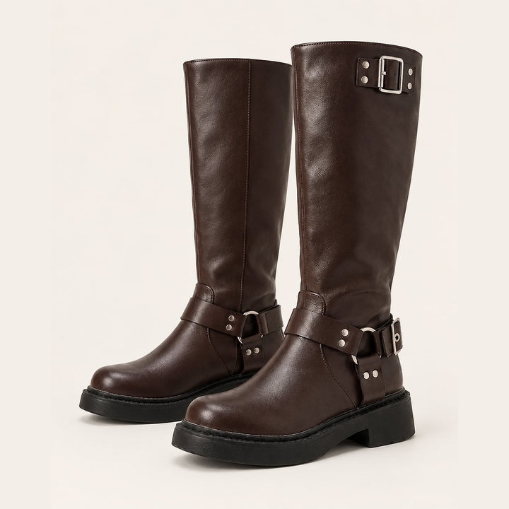 Women's Harness Biker Boots in Brown, front view