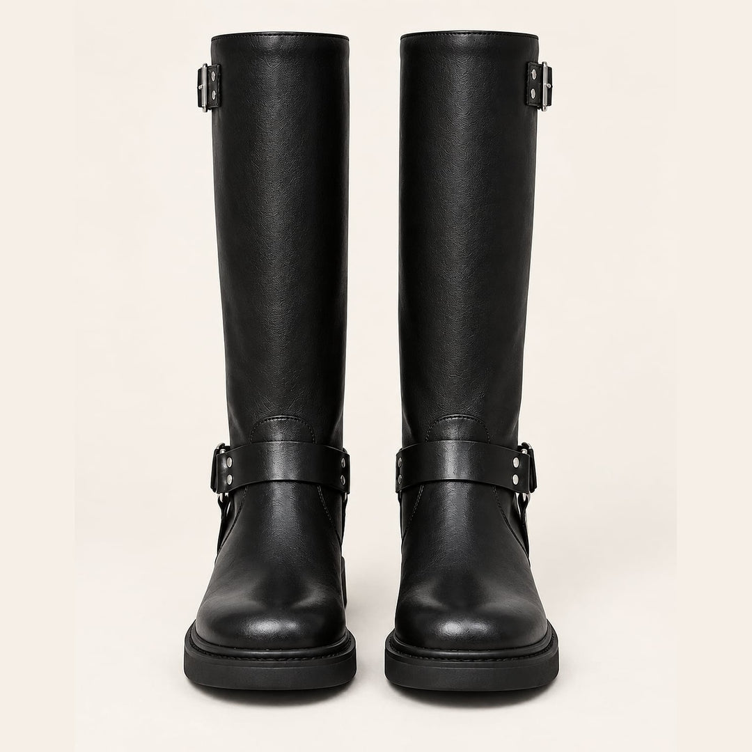 Women's Harness Biker Boots in Black, front view