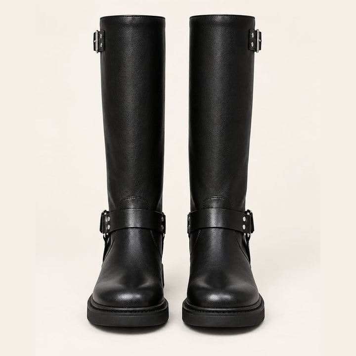 Women's Harness Biker Boots in Black, front view