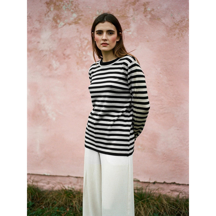 Women's Striped Sweater in Black, front view
