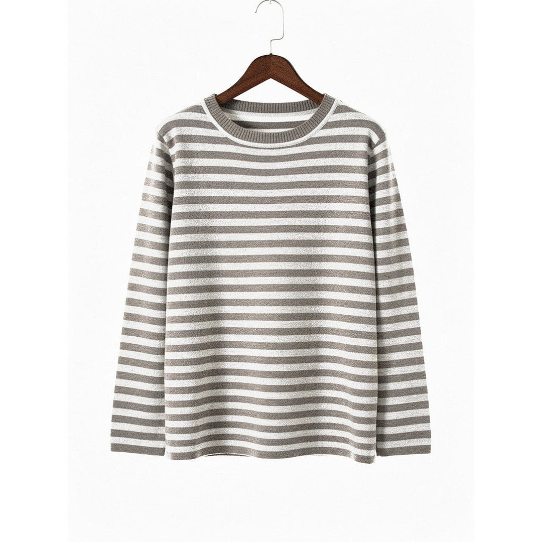 Women's Striped Sweater in Taupe, front view