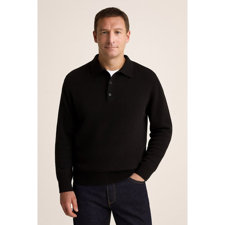 Men's Knit Polo Sweater in Black, front view