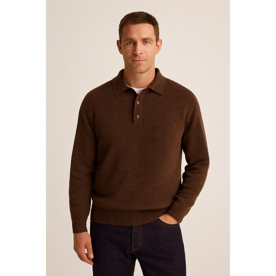 Men's Knit Polo Sweater in Brown, front view