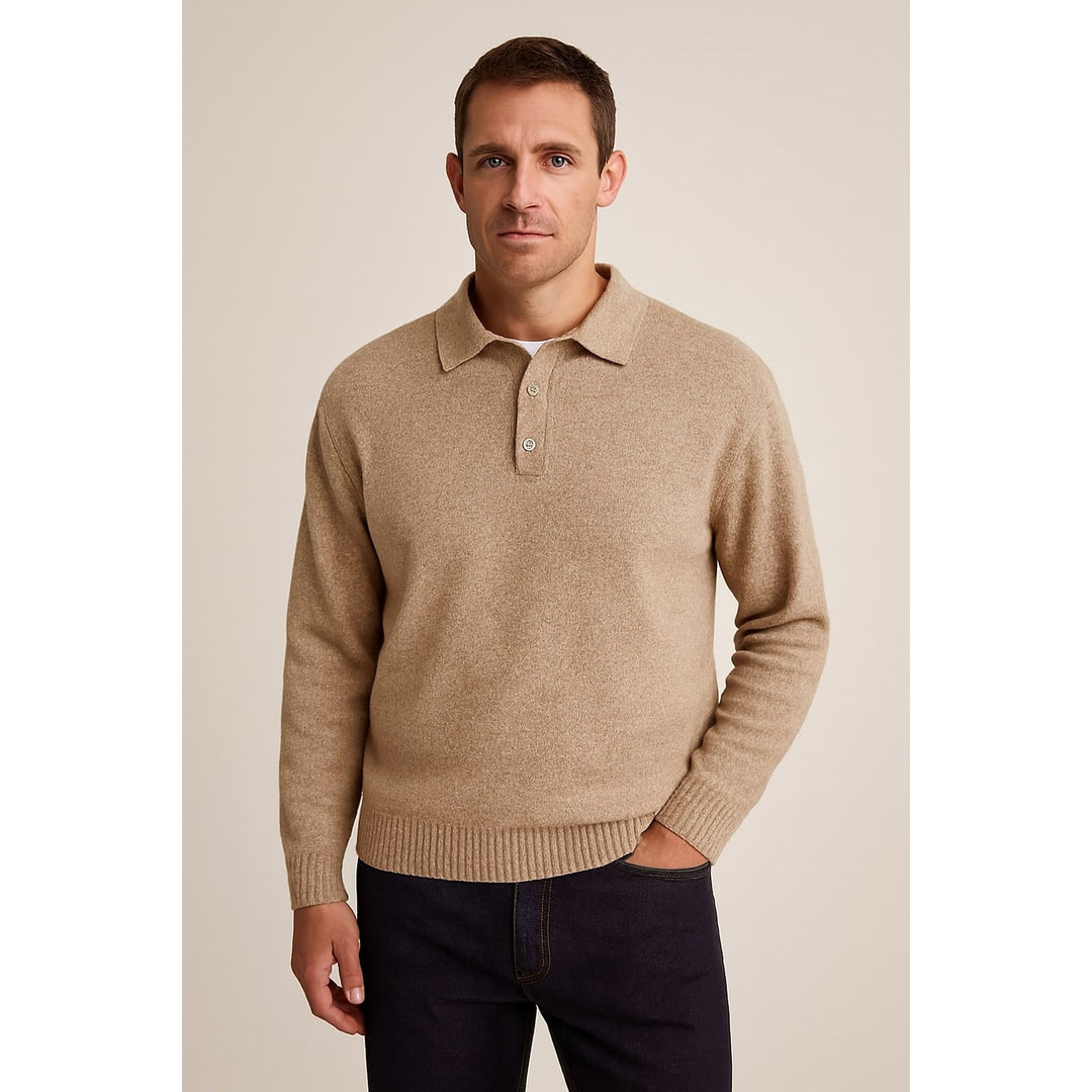 Men's Knit Polo Sweater in Camel, front view