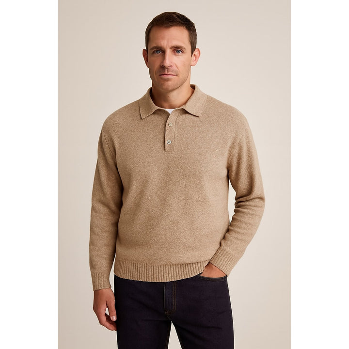 Men's Knit Polo Sweater in Camel, front view