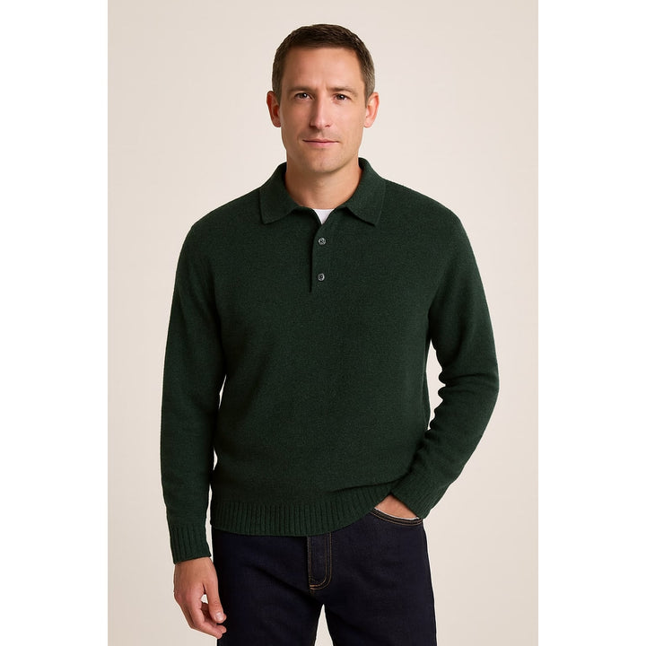 Men's Knit Polo Sweater in Dark Green, front view