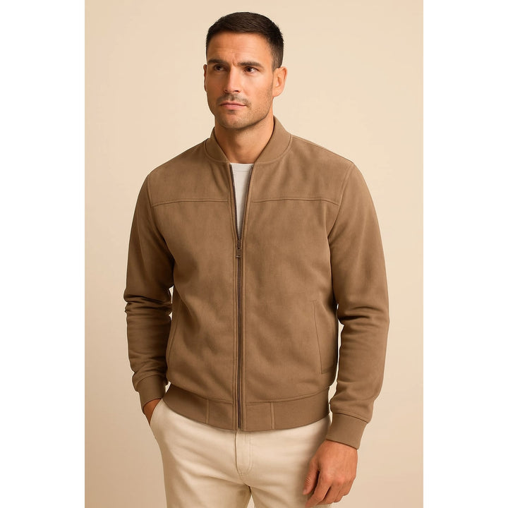 Men's Faux Suede Zip Jacket in Brown, front view