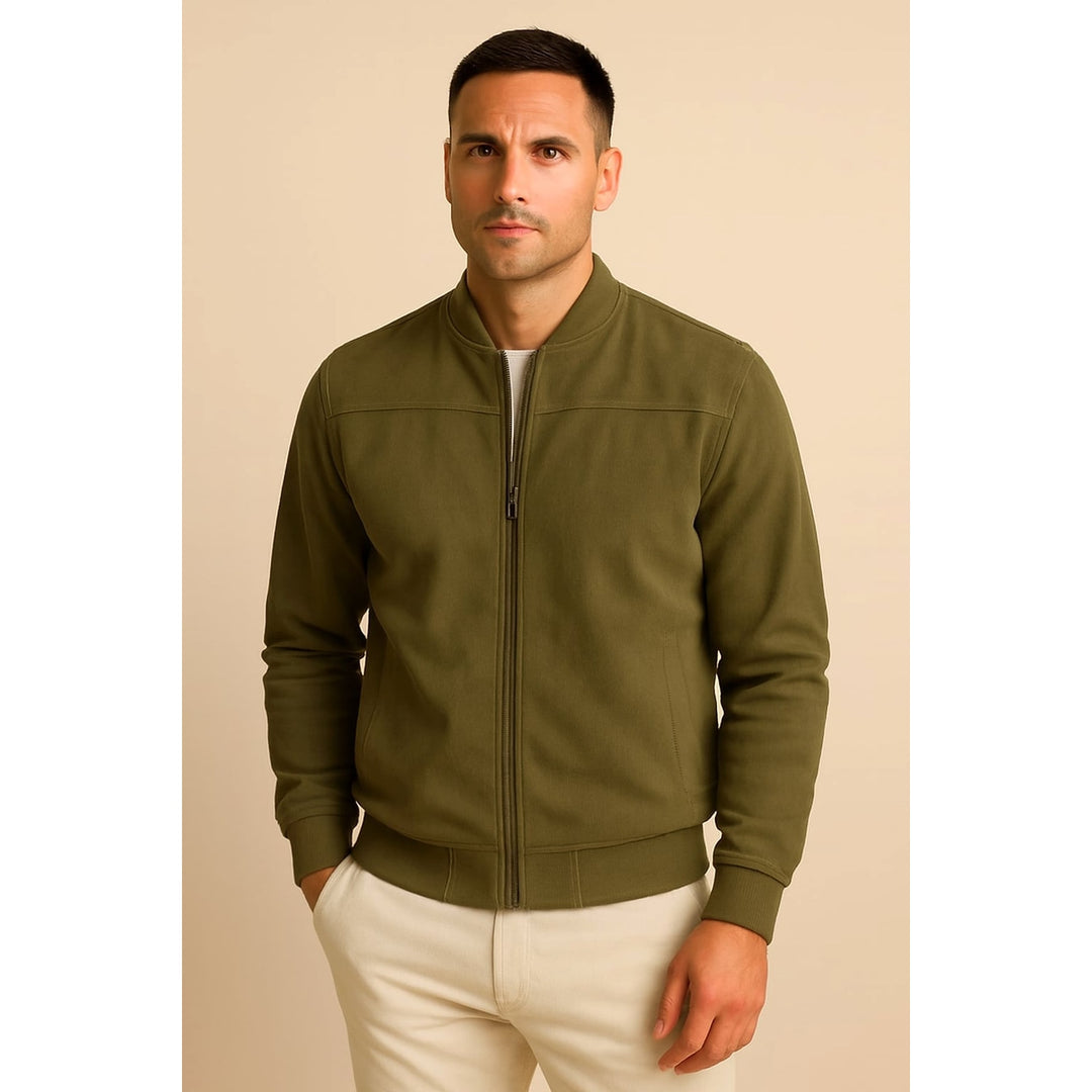 Men's Faux Suede Zip Jacket in Green, front view